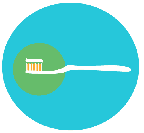 A white toothbrush with orange bristles and toothpaste on it against a green circle in a larger blue circle
